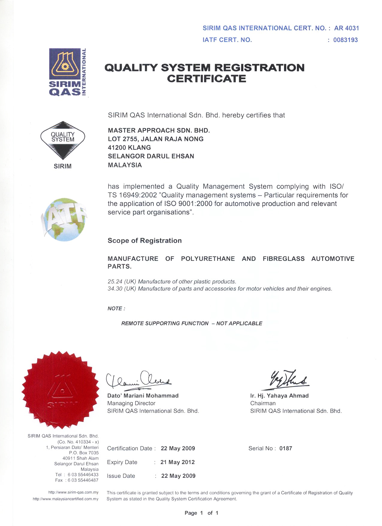 IATF 16949 certification — Master Approach Sdn Bhd