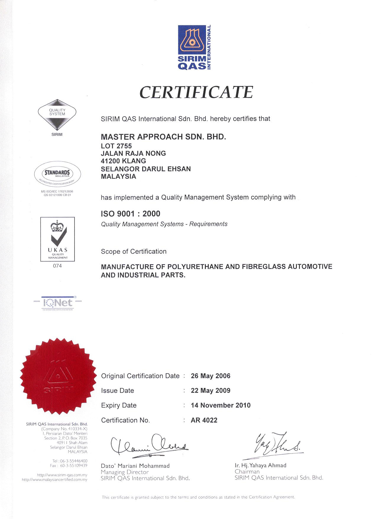 ISO 9001:2000 certification — Master Approach Sdn Bhd